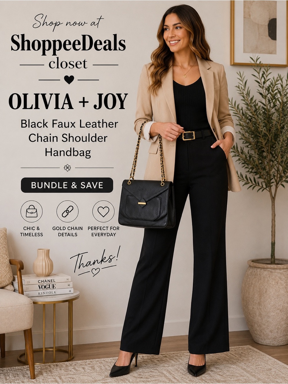 Olivia + Joy Black Faux Leather Chain Shoulder Handbag